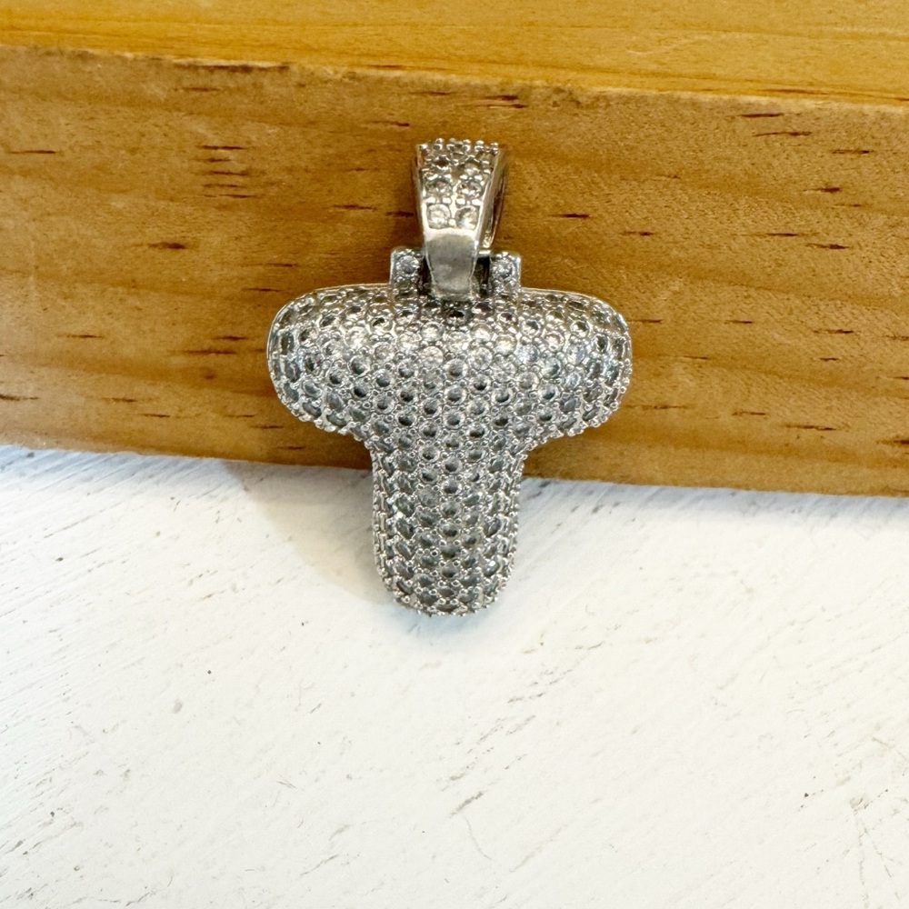 Men's Rhodium-Plated Silver Tone Round Cut Cubic Zirconia 3D Bubble Letter T